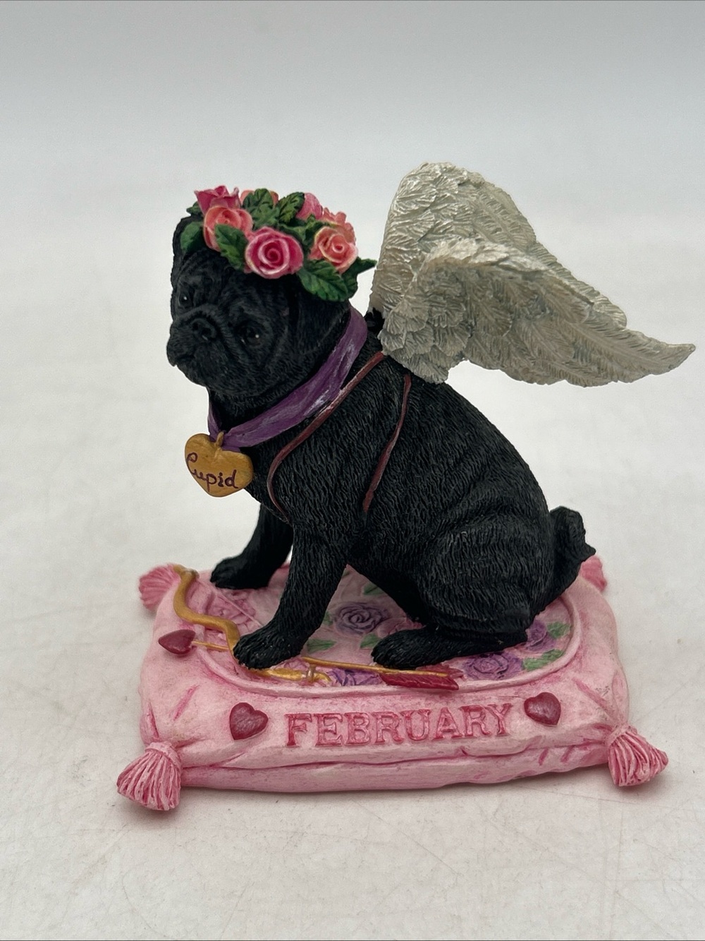 Danbury Mint Pug Perpetual Calendar Figurine of the Month February Cupid Pug Luv